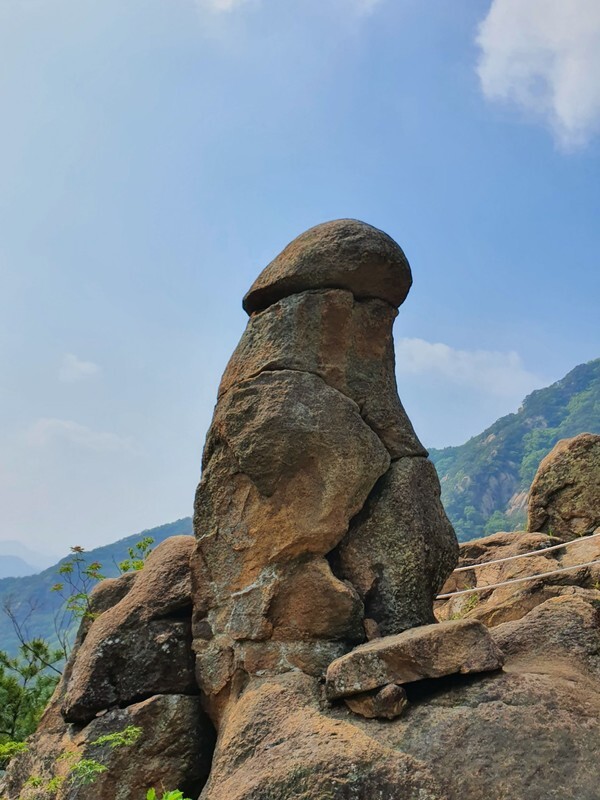 충북 제천 성봉의 남근석 바위. 큼직한 남성의 상징과 모양이 닮아 남근석으로 불리지만 어찌 보면 버섯 같기도 하다.