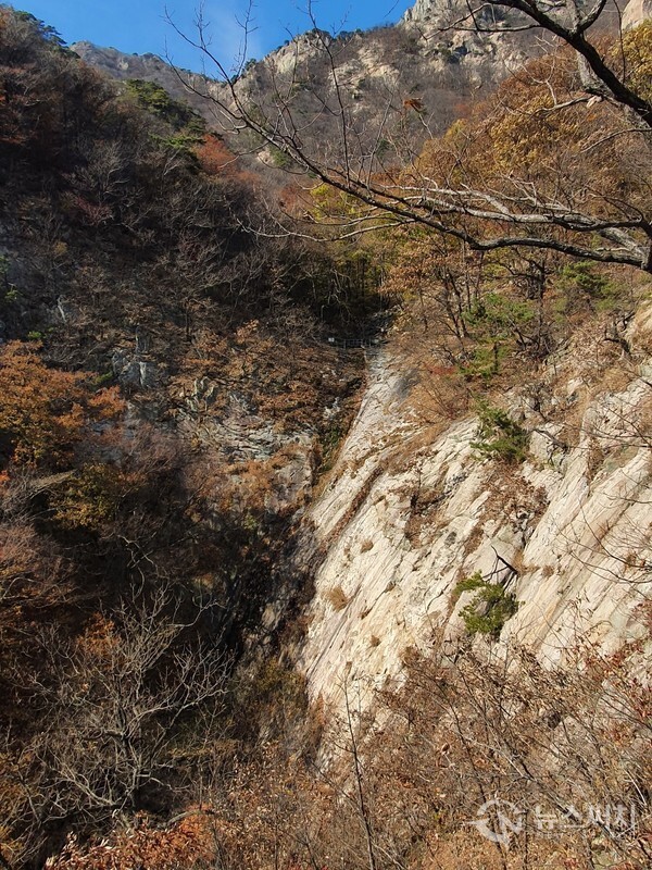 은선폭포. 관음봉에서 동학사 계곡으로 내려가는 곳에 유명한 ‘은선폭포’가 있다. 옛날 신선들이 숨어서 놀았을만큼 아름다운 곳이라 하여 ‘은선폭포’라 이름지어졌다고 한다. 높이 46m, 폭 10m, 경사 60도 정도의 폭포이지만, 필자가 방문한 때에는 갈수기라서 낙수가 많지 않았다. 다만 은선폭포 주변의 가을단풍이 절정이어서 폭포와 단풍이 아름답게 조화를 이루고 있었다.