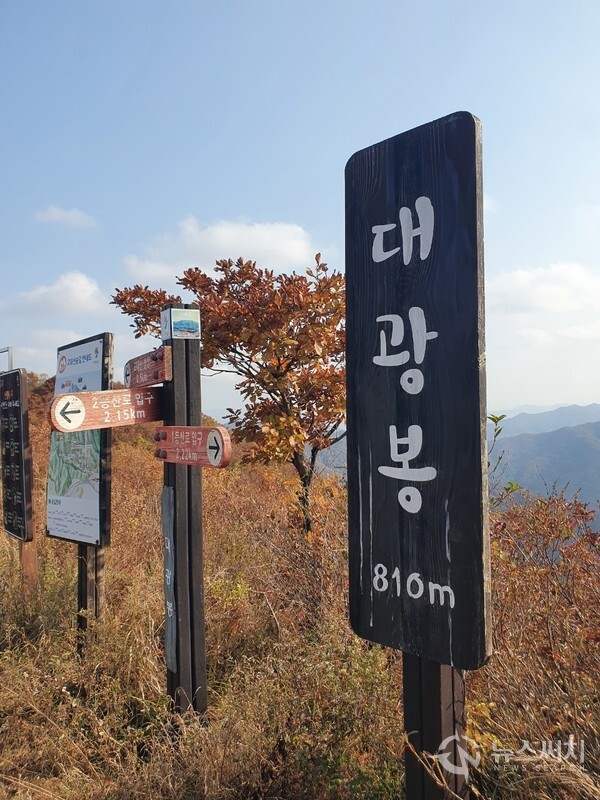대광봉 정상 표지목. 고대산 정상부 능선에는 ‘대광봉’, ‘삼각봉’, ‘고대봉’ 이렇게 800m가 넘는 3개 봉우리가 연이어 있다. 그 중 가장 서쪽에 있는 봉우리가 해발 810m 높이의 ‘대광봉’이다. 대광봉에는 ‘고대정’이라는 8각 나무정자가 있어 고대산 등산객들에게 편안한 휴식과 확 트인 조망을 제공해주고 있다.   
