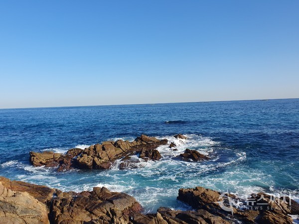삼척 이사부 사자바위 앞 바다. 삼척항 ‘이사부광장’에서 출발하여 북쪽 방향으로 약 700m 정도 해안에 사자 모양의 바위가 있는데 바로 ‘이사부 사자바위’이다. ‘이사부 사자바위’에 대해서는 울릉도 정벌로 유명한 신라 이사부(異斯夫) 장군과 관련된 설화가 전해 내려오고 있다. ‘이사부 사자바위’ 앞 바닷가에는 바위들이 펼쳐져 있는데 동해바다의 파도와 부딪쳐서 하얀 포말을 일으키고 있다.  